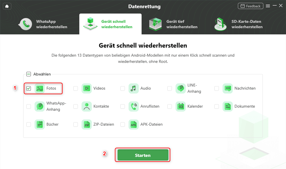 Auf „Fotos“ zur Wiederherstellung klicken