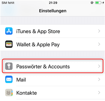 Auf Passwörter und Accounts klicken
