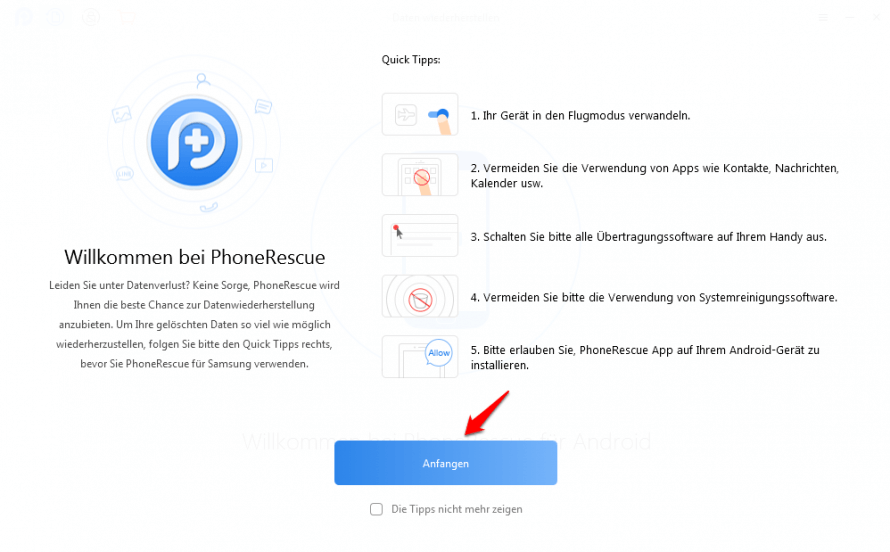 Der Aufruf von PhoneRescue für Android