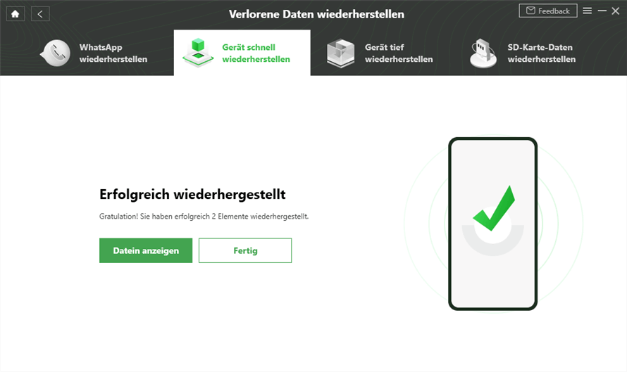 Die Abschlussseite mit der Wiederherstellung
