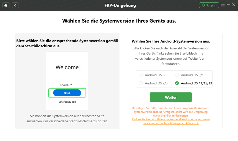 DroidKit - FRP-Umgehung - Systemversion auswählen