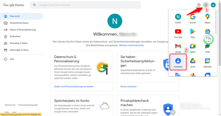 Google Konto - Kontakte - Seite