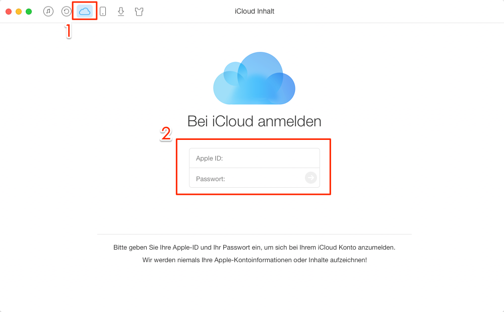AnyTrans öffnen und iCloud Account & Passwort eingeben â Schritt 1