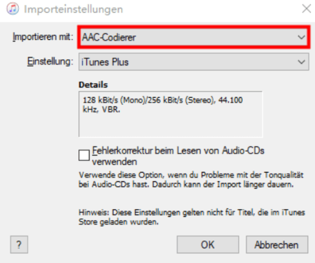 Das Importformat in AAC-Codierer ändern