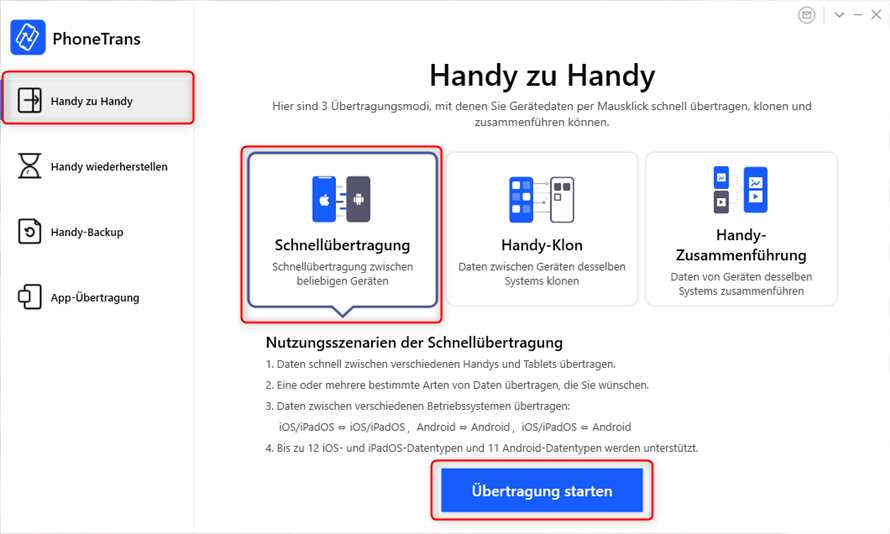 PhoneTrans aufrufen zur Schnellübertragung