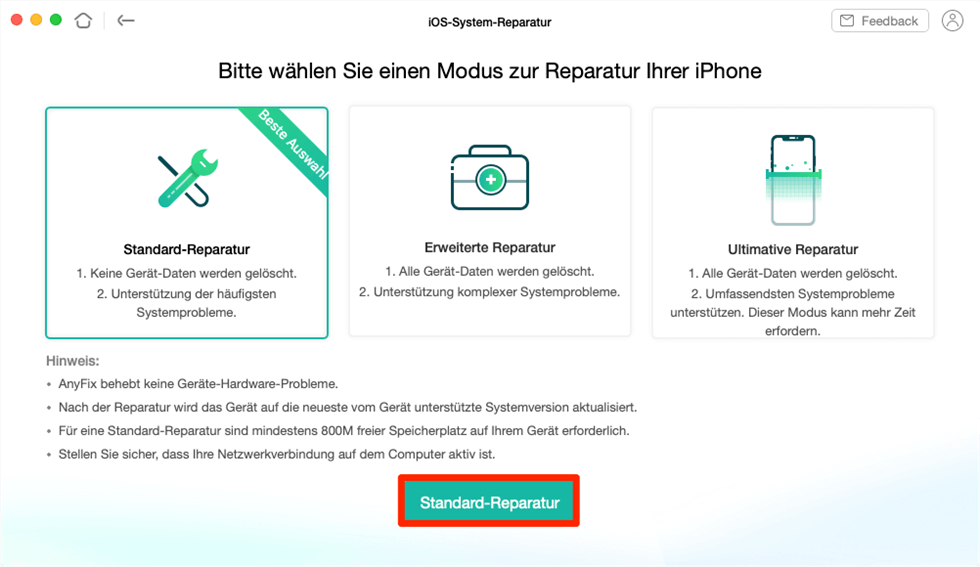 Reparatur-Modus frei auswählen