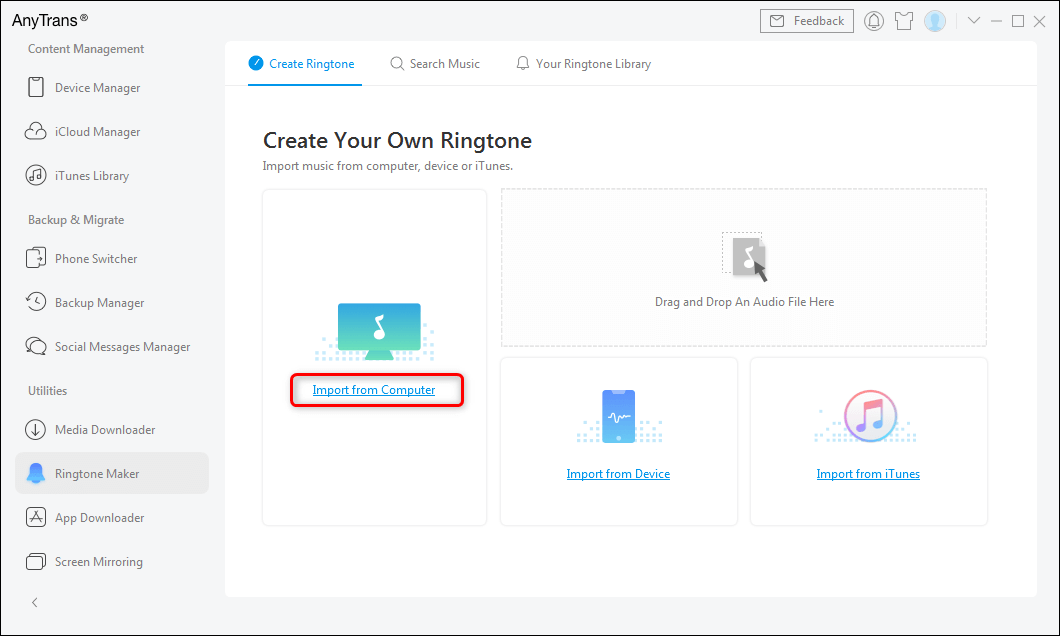 Click on Import Ringtone Form Computer