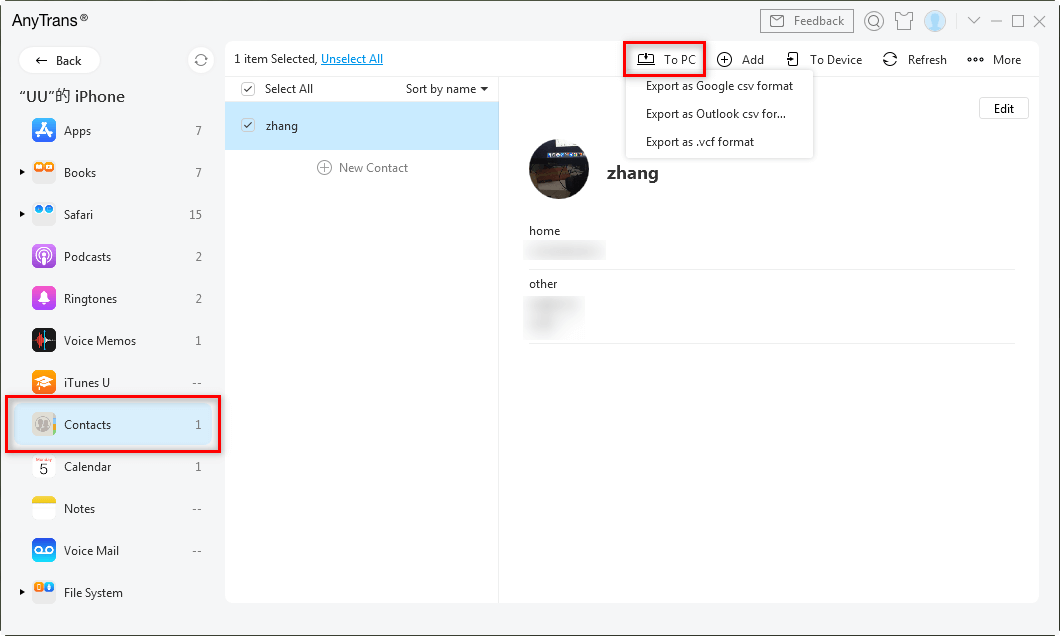 Choose Contacts and Click To PC