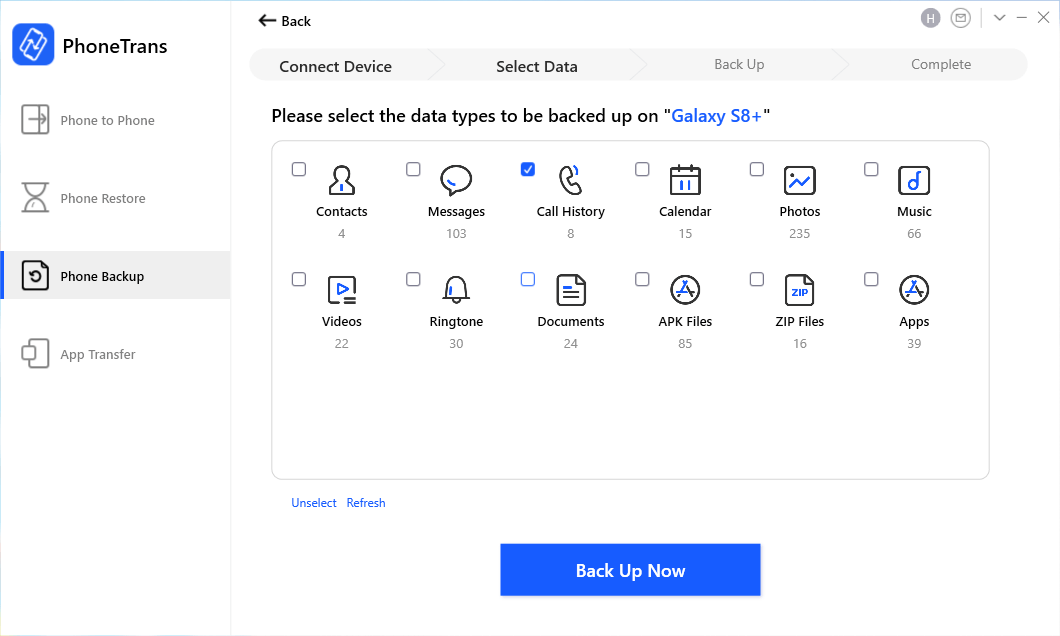 Choose Call Log and Click Back Up Now