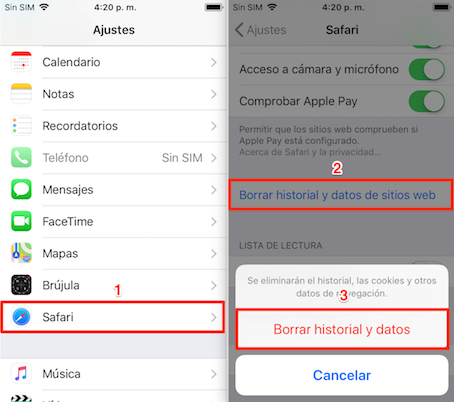 Liberar espacio iPhone - Eliminar cookies y cachés de navegador