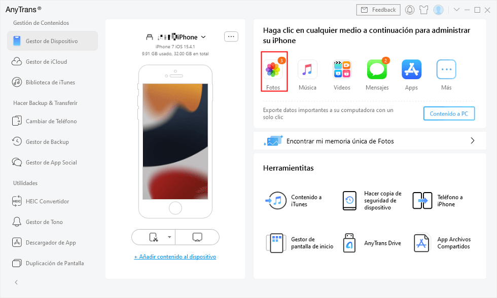 Haz clic en Fotos en la interfaz de AnyTrans