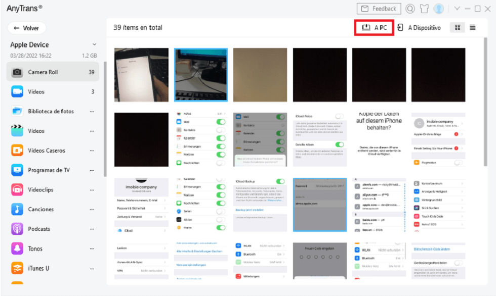 Escoge los archivos a respaldar y selecciona A PC a respaldar iPhone en PC