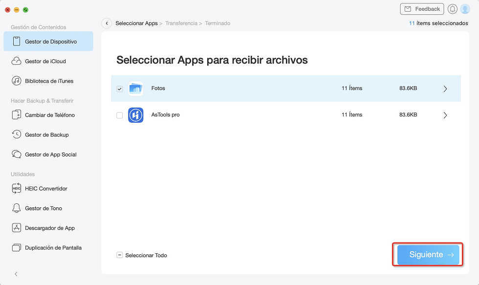 Haz clic en siguiente para pasar fotos de Mac a iPhone