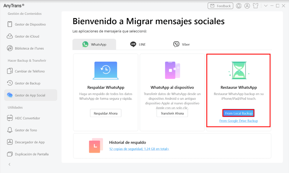 Selecciona Restaurar WhatsApp > Desde copia de seguridad para restaurar copia de seguridad de WhatsApp en iPhone