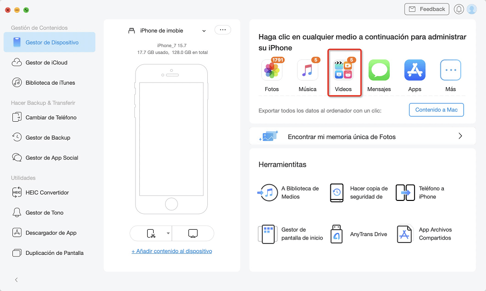 Selecciona la función de Gestor de Dispositivo para pasar videos de iPhone a Mac