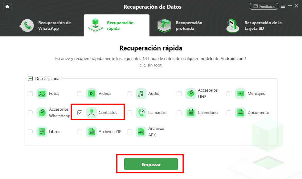Selecciona los contactos para recuperar
