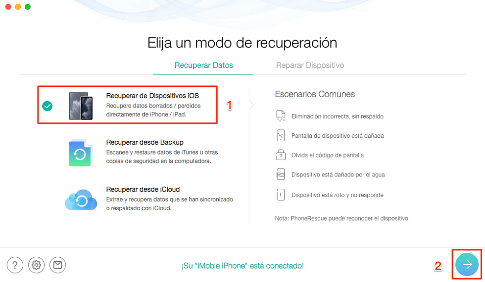 Selecciona Recuperar de dispositivos iOS - Paso 1