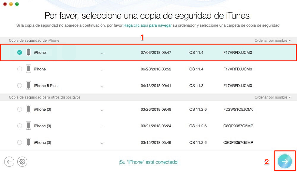 Selecciona la copia de seguridad que quieres restaurar