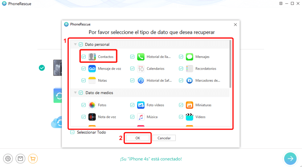 Seleccionar Contactos y pulsa OK para recuperar números de iPhone