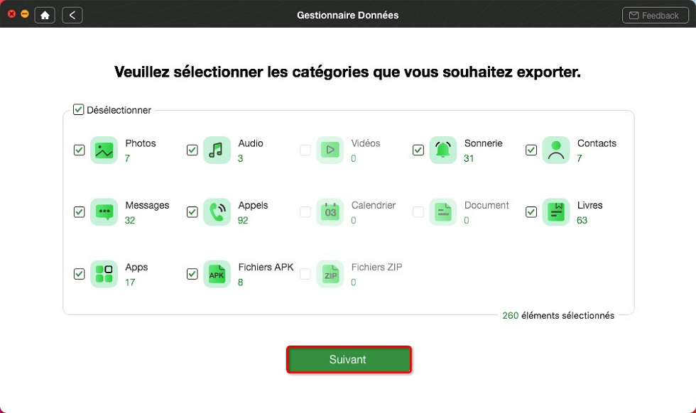 Choisissez les données à sauvegarder