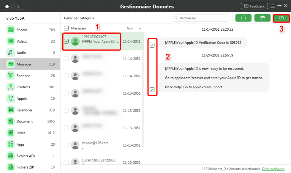 Sélectionnez les messages à transférer vers PC