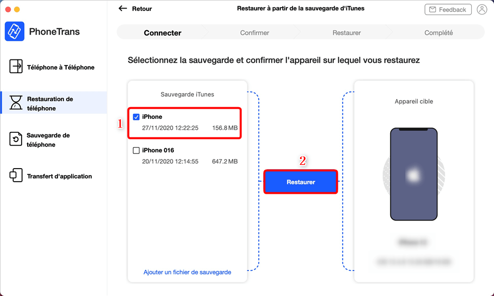 Choix de la sauvegarde iTunes