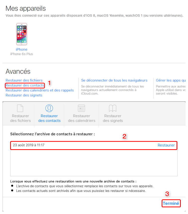 Restaurer les contacts perdus depuis iCloud